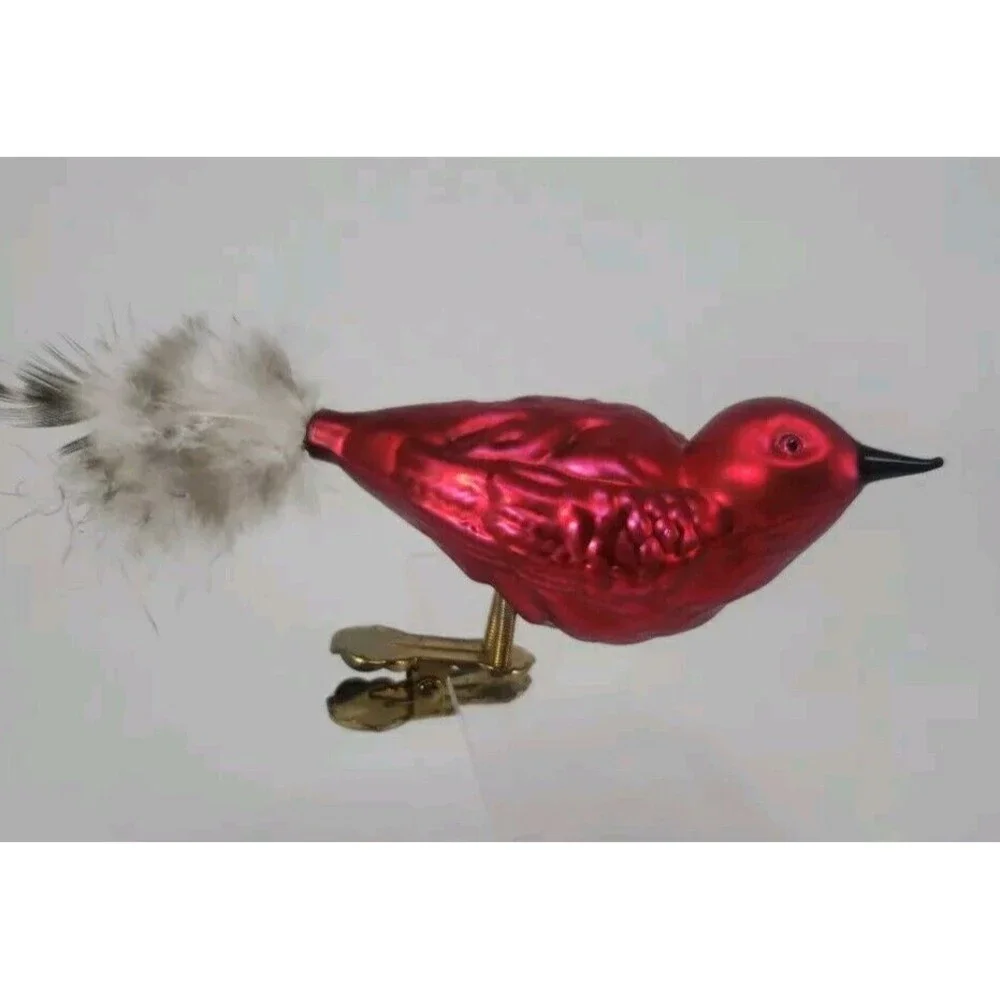 Vintage Blown Glass Red Bird Feather Tail Spring Clip Legs Classic Rare Uncommon